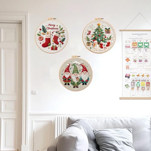 Image of Offizon Christmas Embroidery Kit for Beginners, 3 PCS Starter Cross Stitches, Winter Santa Handicrafts, Merry Chistmas