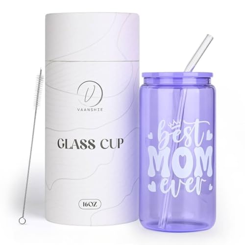 Vaanshie Mom Ever 16oz Glass Mug with Straw, Mother