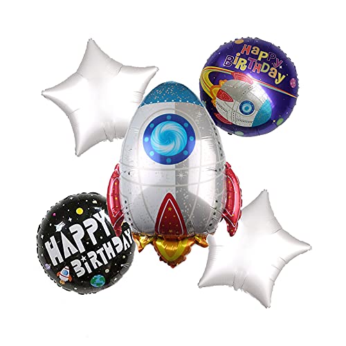 Image of Rozi Decoration Space Rocket Theme Happy Birthday Foil Balloon Set of 5 Piece for Kids Baby Boy Birthday Party