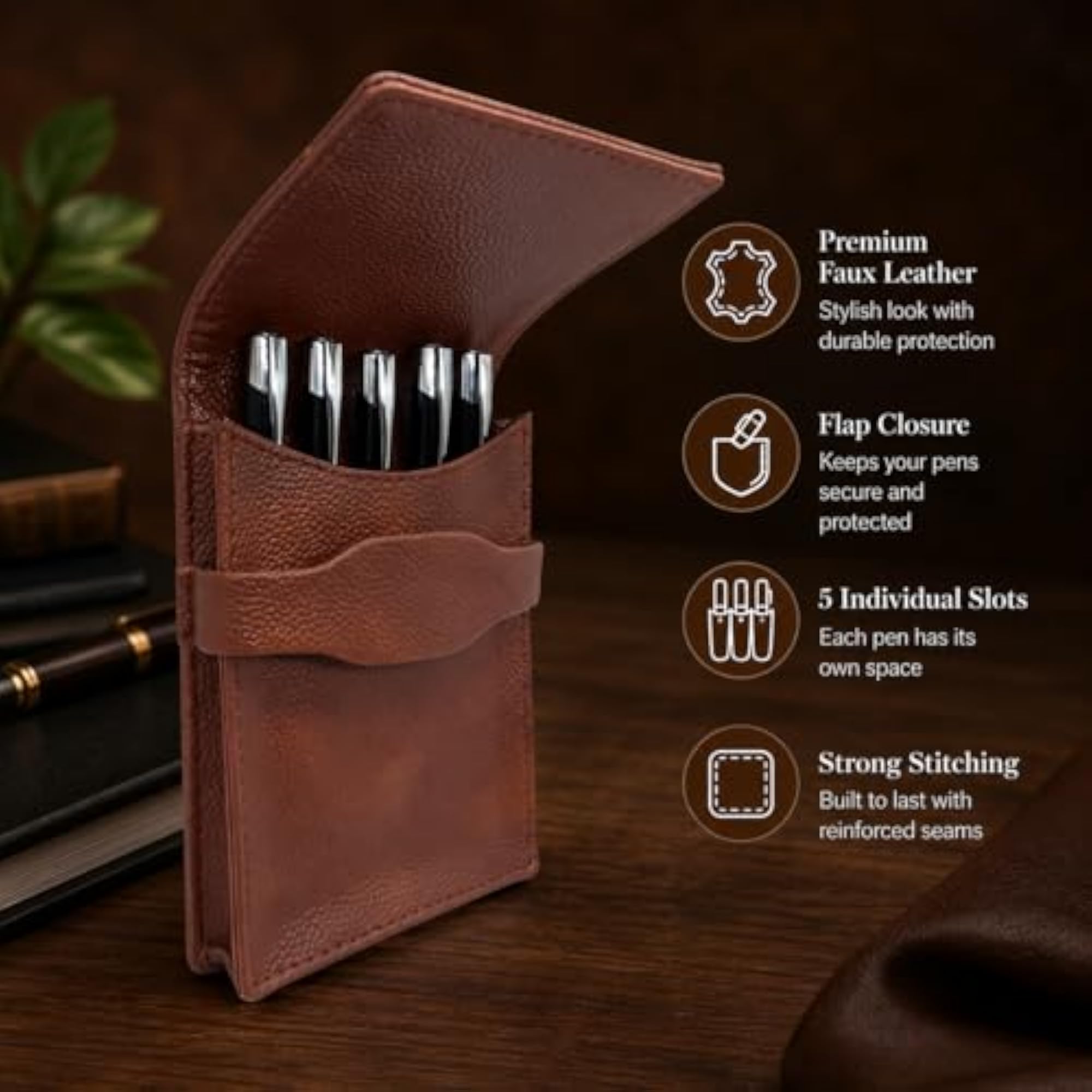 Faux Leather 5 Slots Pen Case, Pencil Pouch Holder