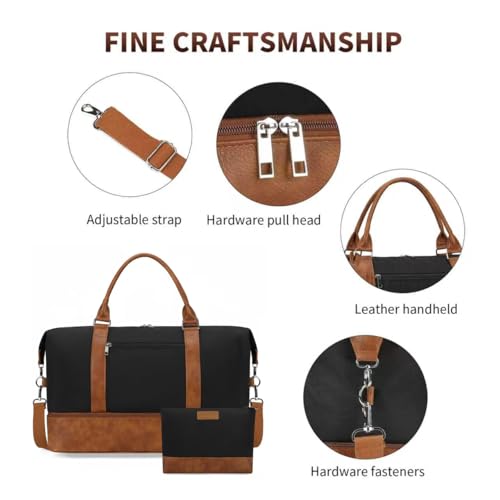 Image of Oeihuivt Weekender Bags for Women - 21 Inch Large Travel Duffel Bag with Shoe Compartment, Heavy-Duty Canvas Leather Carry On Overnight Tote, Brown-Black, 21, Weekend Trip