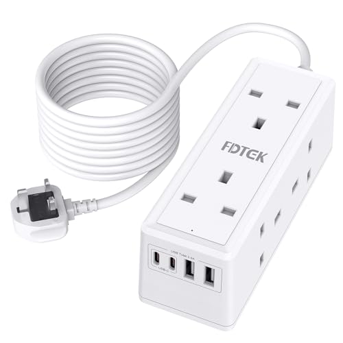 6 Way Extension Lead 3M with USB Slots, FDTEK Desk Power Strip with 2 USB-A and 2 USB-C Ports, Mount Extension Socket with 3M Cords Overload Protection Switch for Home Office-White
