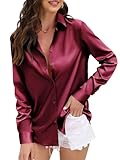 red Button Down Shirt Women s Satin Silk Wine Buttons up Collared Dress Burgundy Shirts Fitted Womens Silky Long Sleeve v Neck Button-Down Sexy Tunic Blouse Blouses Dressy Casual Tops Wine Red Size M