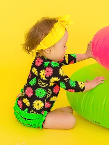 Image of RuffleButts Baby Girls UPF 50+ Sun Protection Floral Printed Long Sleeve One Piece Rash Guard Swimsuit with Zipper