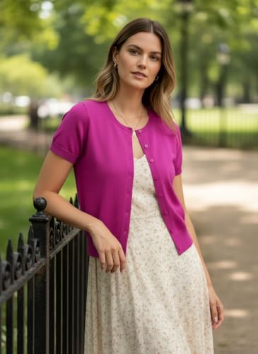 Image of GRACE KARIN Women Short Sleeve Cardigan, 2026 Summer Knitted Sweater Tops, Basic Crew Neck Crop Outfits
