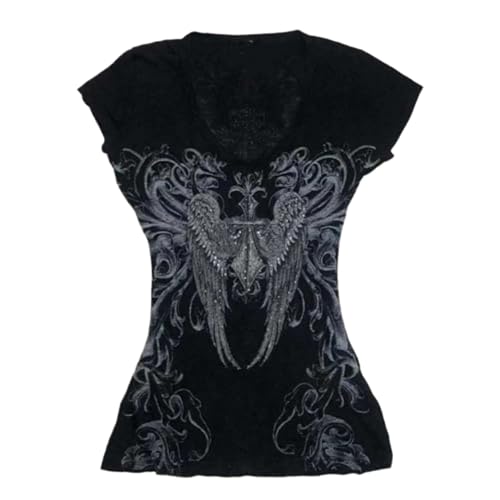 Grunge Shirts 2000s Clothing Women Vintage Graphic Tees Y2k Short Sleeve Goth Tops Teens Emo Clothes Streetwear