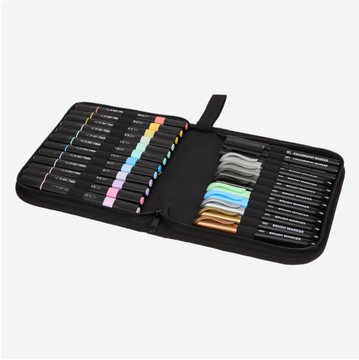 RIADTEC Set/juego de 24 Rotuladores en Estuche – Incluye Rotuladores Dobles, de Pincel y Caligrafía – Tinta a Base de Agua – Ideal para Lettering, Bullet Journal y Dibujo Creativo.