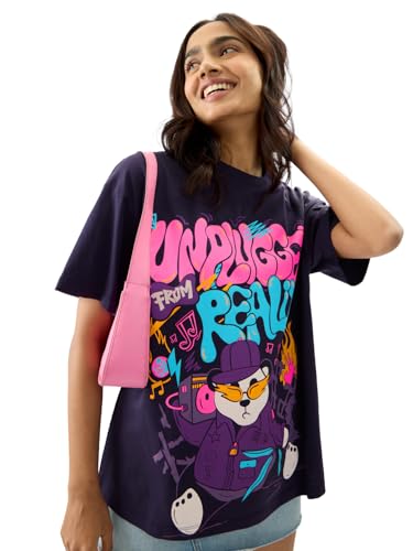 Image of The Souled Store Unplugged from Reality Women and Girls Short Sleeve Round Neck Purple Graphic Printed Cotton Oversized T-Shirts