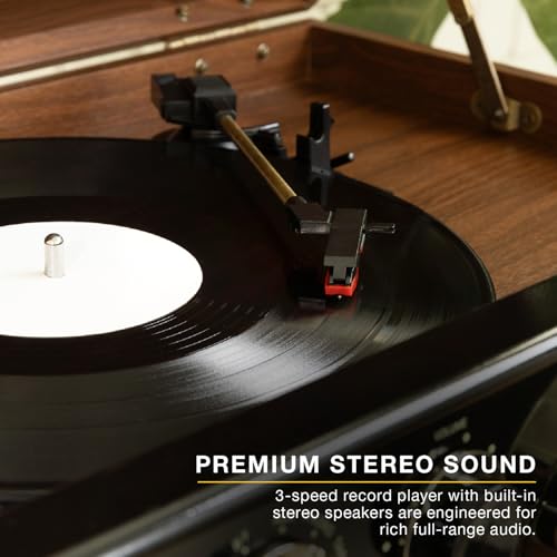 Image of Victrola Empire - Wood 6-in-1 Bluetooth Record Player - Walnut | Mid-century wood music center plays vinyl, CD, cassette, FM radio and aux, built-in stereo speakers, RCA out, headphone jack