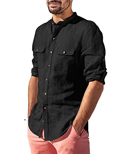 LVCBL Camisa de lino para hombre casual de algodón con botones de corte regular, Negro , XXXL Cover