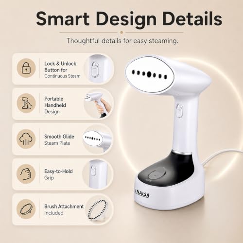 Image of INALSA TravelPress 1500W Garment Steamer for Clothes|180ml Water Tank|Stainless Steel Steam Head|20g /min Continuous Steam|360 Swivel Cord|Fast Heat Up|Portable Handheld Fabric Steamer 1 Year Warranty