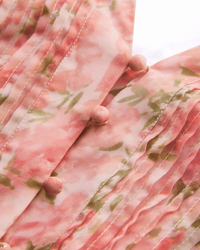 Image of Plus Size Pink Floral Dress for Curvy Women V Neck Short Sleeves High Waisted Boho Midi Dress with Pockets