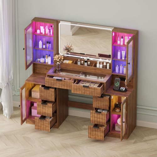 Image of 55 inch Makeup Vanity Desk with Mirror and Lights, Glass Top, Walnut
