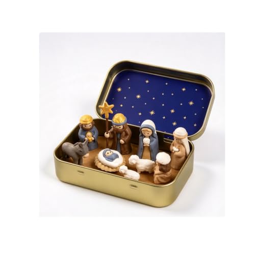 Mini Christmas Nativity Set in a Tin Box, Handcrafted Holy Family Figurines - image 1