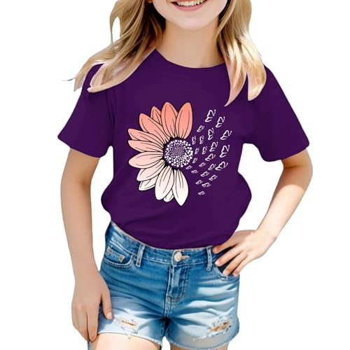 Girls Loose Fit Sunflower Graphic T Shirts Short Sleeve Crewneck Cute Pattern Printed Tops Kids (B-Purple, 6-7 Years)3
