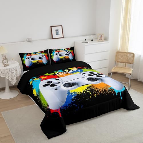 Image of Gamer Comforter Sets for Boys Kids Gaming Comforter King Size Teens Girls Colorful Rainbow Tie Dye Decor Video Games Controller Bedding Set Young Men Player Reversible Quilt for All Season 3Pcs Boys