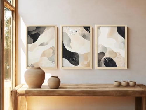 Image of BLINKART Set of 3 BLACK BEIGE LANDSCAPE Natural Brown Frame Painting for Wall Decoration - Modern Art Wall Decor Framed Painting for Living Room Bedroom - Framed Wall Posters /Paintings (8X12 inch)