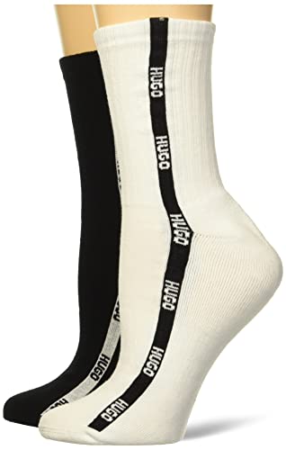 Image of HUGO Womens 2-pack Tape Logo Design Ribbed Quarter Length Socks, Solid Black /Bright White, Bright White /Solid Black, 3-9 US
