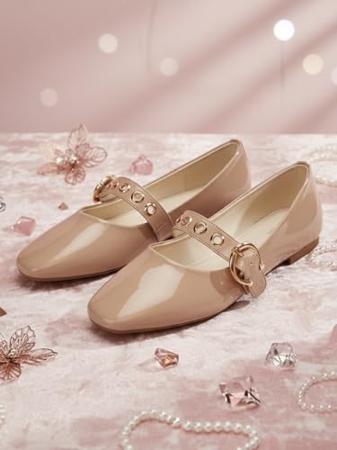 Image of JM LOOKS Modern Patent Mary Jane Flats Featuring Stylish Grommet Eyelet Straps and Adjustable Polished Metal Buckles