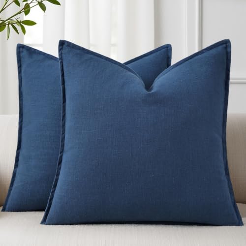 Image of decorUhome Decorative Linen Throw Pillow Covers 16x16 Inch Set of 2 Blue Neutral Pillow Covers with Flange Edges Soft Farmhouse Boho Accent Pillow Cases for Couch Bed Living Room