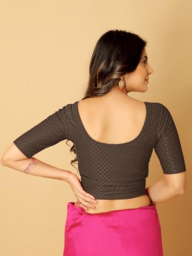 Image of Amazon Brand - Anarva Round Neck Dobby Cotton Lycra Stretchable Elbow Half Sleeve Readymade Saree Blouse for Women Stylish