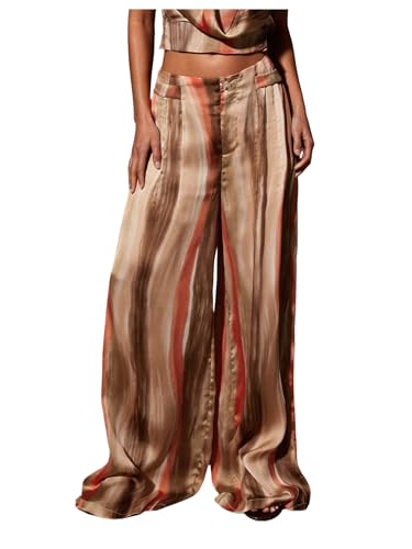 OYOANGLE Women's Satin Wide Leg Pants Striped Low Waisted Silky Dressy Palazzo Trousers