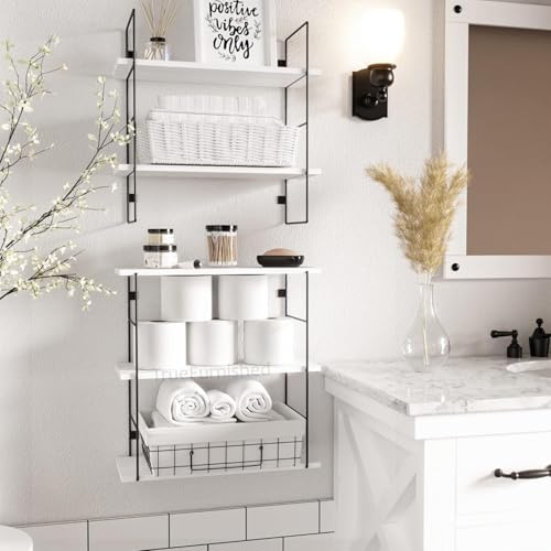 Image of DIY Floating Wall Shelves for Living Room Wall Mounted, Kitchen, Bathroom, Bedroom accsessories & Kidsroom | Wooden & Metal Shelf for Home Office Books, Plants Organiser - White