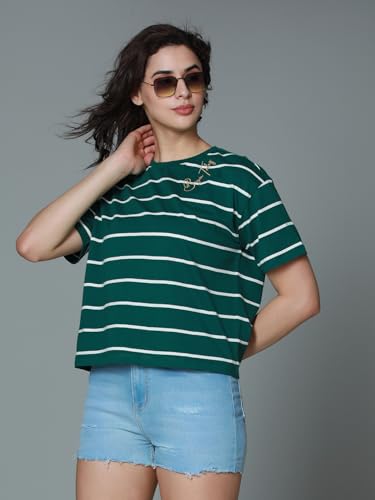 Image of HIGH STAR Women's Cotton Striped Oversized Fit T-Shirt