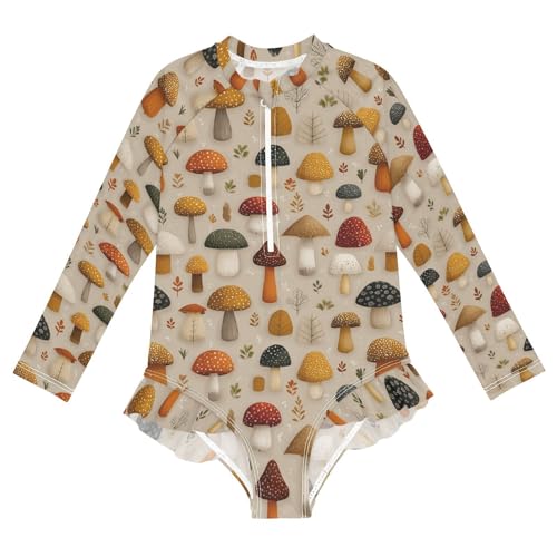 Girls Swimsuit Cute Mushrooms Leaves Long Sleeve One Piece Bathing Suit for Kids UPF 50+ Rash Guard Swimwear 3-12
