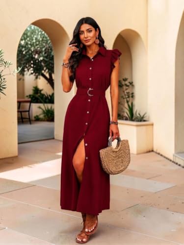 Image of OOMPH! Women's Shirt Midi Dress | Ruffle Sleeves | Button-Down Front | Waist Belt Detail | Collared Neck Casual & Vacation Dress