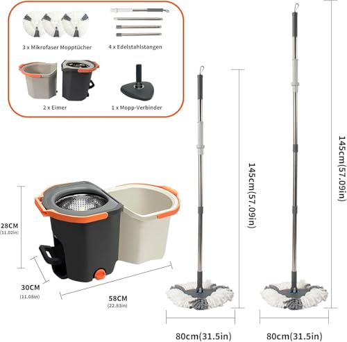 Image of EXVITO 360Spin Mop with Bucket | Dual Drive Floor Cleaning System with Stainless Steel Wringer | Super Absorbent Microfiber Heads 2 Refills Easy Self-Wringing MopSet for Home &Office - (Pedal White)