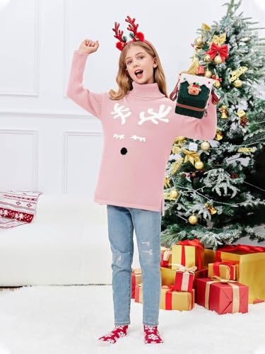 Image of Haloumoning Girls Christmas Sweater Kids Oversized Turtleneck Cute Reindeer Sweaters with Side Slit