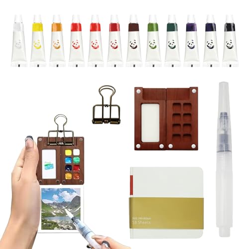 5 Pcs Portable Watercolor Palette, Pocket Artist Watercolour Travel Set Travel Paint Palette with 8 Grids Mini Wooden Palette Watercolor Pen Sketchbook Metal Clip for Watercolor Artist Enthusiast