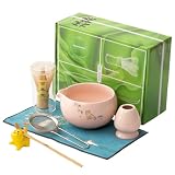 Matcha whisk 7-piece set,Pink Matcha Set， matcha bowl with nozzle, matcha whisk stand, spoon, stainless steel sieve, cloth mat, spoon stand, is a home kitchen decoration gift (pink)