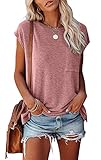 MEROKEETY Women's Casual Cap Sleeve T Shirts Basic Summer Tops Loose Solid Color Blouse, Pink, Small