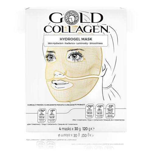 GOLD COLLAGEN Hydrogel Maske Set - Gesichtsmasken Hautpflege Set für dehydrierte & müde Haut, Blattmaske x 4 mit Hyaluronsäure gegen Falten & feine Linien, kühlende Wirkung Hautpflege - Hergestellt in
