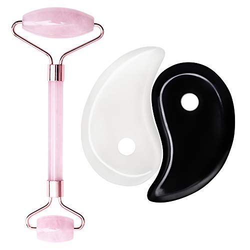 TIBAARO Gua Sha Scraping Massage Tool - Facial Rose Quartz Roller + 2 Guasha Bian + Jade Stones - Smooth Edge Tools Set - Stone Boards for Acupuncture Therapy Trigger Point Treatment + eBook