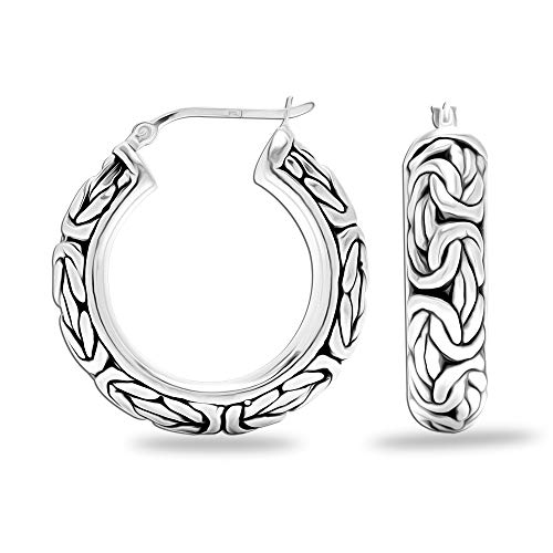LeCalla Byzantine Earrings for Women | 925 Sterling Silver Byzantine Earrings | Antique Oxidized Click-Top Round Thick Hoop Earrings for Women
