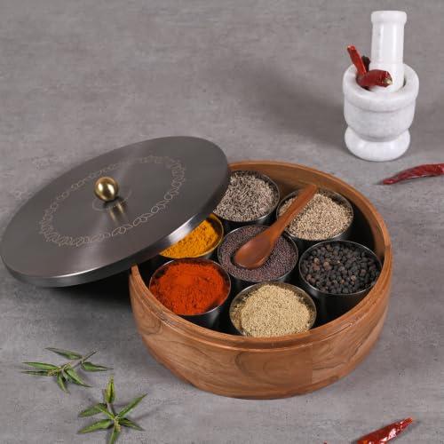 Image of Wooden Masala Box for Kitchen | 7 Stainless Steel Jars with Wooden Spoon | Stainless Steel Brass Lid with Knob | Multipurpose Spice Storage | GunMetal (Bloom Etching)