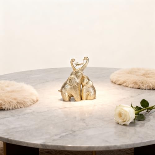 Escultura pareja elefantes en resina con encanto dorado miniatura 2