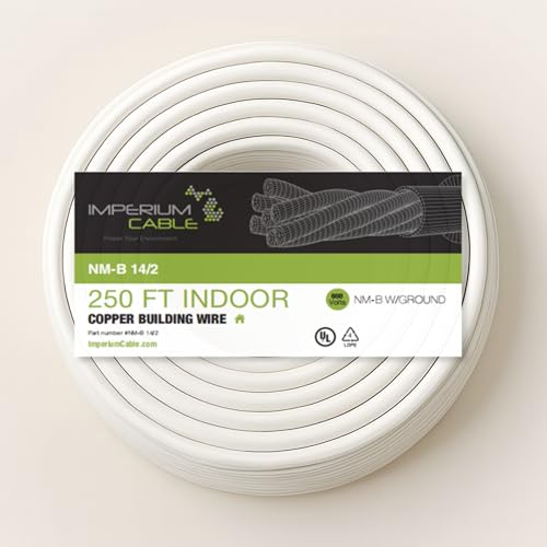 Imperium Cable 14/2 NM-B Electrical Wire 250ft Coil Solid Copper Indoor Residential Cable with Ground White Jacket 600V Rated