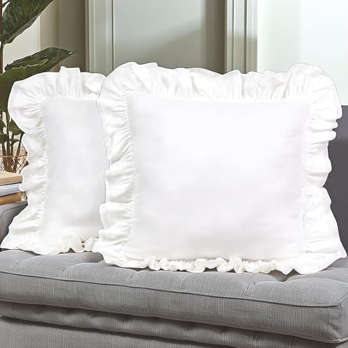 Lemfux White European Pillow Shams Cotton Ruffle Euro Pillow Shams 24x24inch, Set of 2, Shabby Chic Decorative Pillow Covers Feminine Ruffled Pillow Cases Pillow Covers for Couch Throw Pillow Cases
