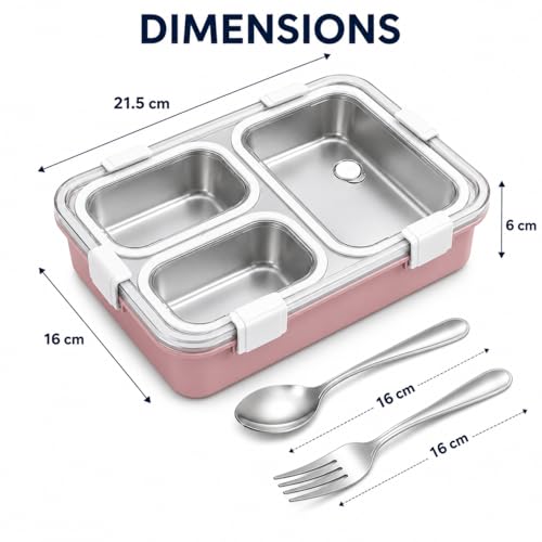 Image of Misamo Enterprise Stainless Steel Lunch Box for Kids & Adults, 3 Compartment Lunch Box, Leak Resistant Food Grade Tiffin Box with Spoon & Fork, BPA Free (Pink)