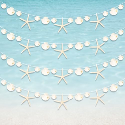 4 Pcs White Seashell Finger Starfish Garland Ocean Coastal Party Decorations Starfish Seashell Cutouts Hanging Banner Beach Seashell Party Decor for Under The Sea Beach Wedding Birthday Supplies