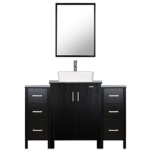 Eclife 48" Black Bathroom Vanity Sink Combo W/Small Side Cabinet Vanity White Ceramic Vessel Sink And Chrome Bathroom Solid Brass Faucet And Pop Up Drain, W/Mirror (T03B042B11) #TOP11