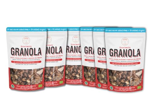 Granola Ecológica y Artesana con Maca, Cacao, Plátano, Nueces de Brasil, Pasta de Dátiles, Aceite de Oliva, Nibs de Cacao, Semillas y Avena Integral, 0% Azúcares Añadidos (Pack: 6 bolsas de 300g)