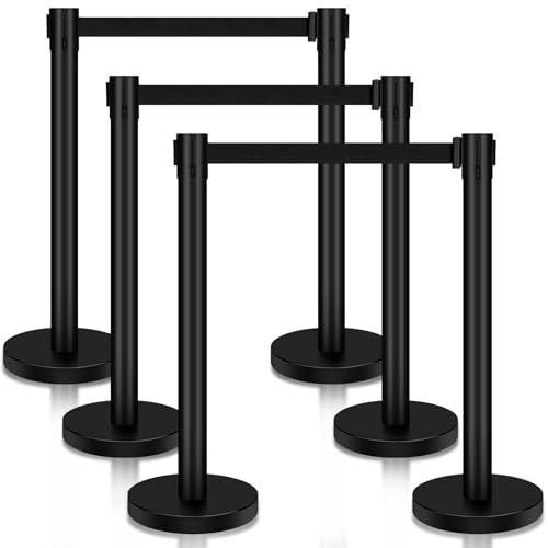 Burvagy Crowd Control Stanchion,6-Pack Crowd Control Barrier With 6.6Ft/2 M Black Retractable Belt,Black Crowd Control Barrier Metal Base,Easy Assembly cover