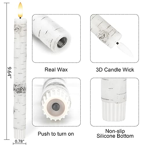 Image of Birch Bark Flameless Taper Candles with 3D Wick, 9.6 inch Real Wax LED Candles | Flickering Candlesticks Battery Operated, Electric Candle with 2 Remote & Timer, For Home, Wedding, Party, Decor, 6 Pack