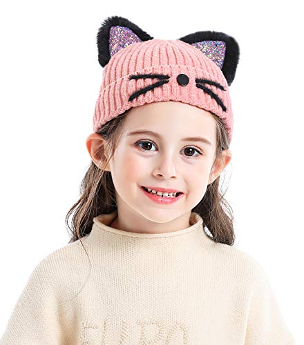 Bellady Kid Girl Hat Cute Cat Ear Beanie Cap Warm for Fall Winter,Child_Pink
