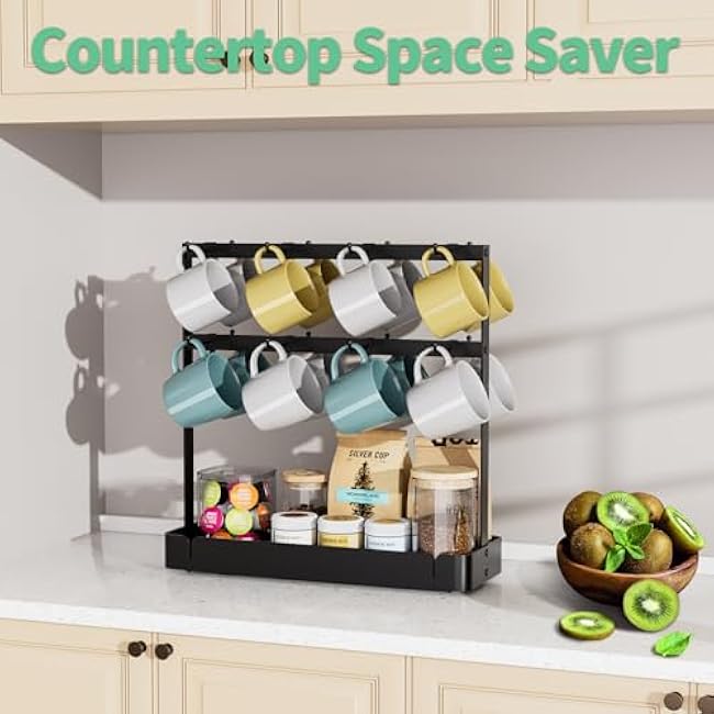 Coffee Mug Holder with 16 Movable Hooks, Metal Coffee Cup Holder for Countertop, 2 Tier Mug Rack with Storage Shelf for Kitchen Office Coffee Mug Rack